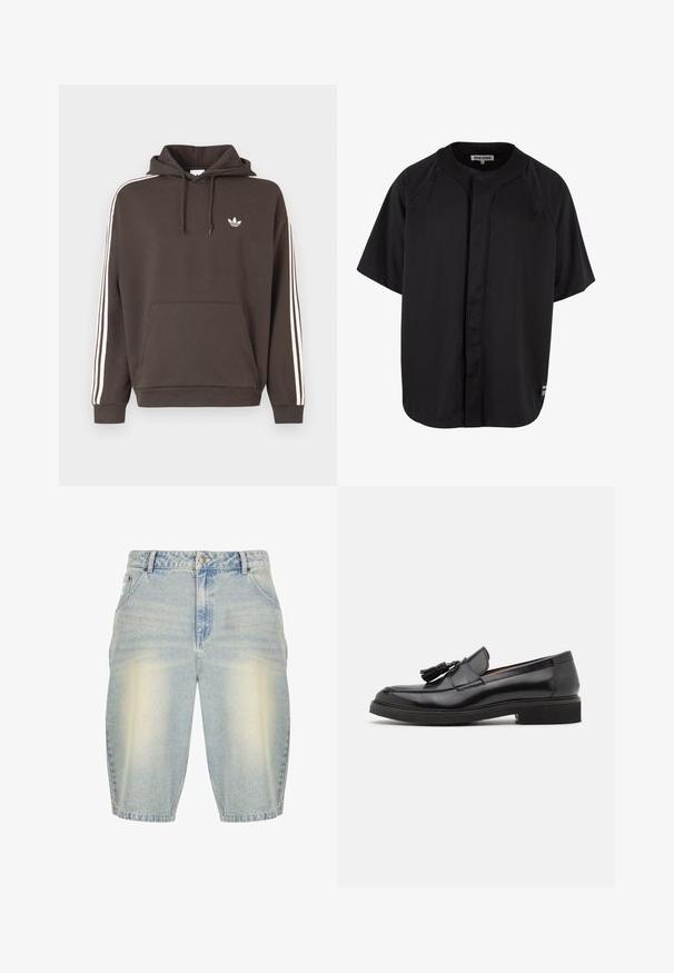 Pruun kapuutsiga dressipluus valge Adidas logo rinnal, valged kolmiktriibud varrukaid mööda, ees taskuga ning nööriga kapuuts.; Mustaräägastee lühikeste varrukatega jerser, valmistatud hingavast võrkkangast. Omab nööpidega esist, raguletis varrukaid ja väikest logo rinnal.; Heledad sinine denim lühikesed püksid pleekinud pesuga, klassikalise viie taskuga disain, vööaasad ja sirge lõige.; Must have musta nahkloafersid narmaste detailiga, ümmarguse ninaga ja tekstureeritud tallaga. Omab siledat viimistlust ja minimalistikku disaini.