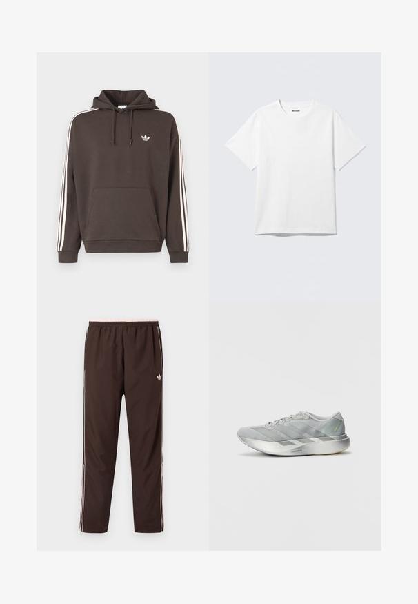 Brauner Kapuzenpullover mit weißem Adidas-Logo auf der Brust, weißen drei Streifen entlang der Ärmel, Kängurutasche vorne und Kapuze mit Kordelzug.; Weißes T-Shirt mit kurzen Ärmeln und Rundhalsausschnitt, flach liegend, schlichtes Design, mit „WEEKDAY“-Etikett innen im Kragen auf hellem Hintergrund.; Braune Trainingshose mit elastischem Bund, verziert mit pinken Akzenten und weißen Seitenstreifen. Hergestellt aus glattem, leichtem Stoff.; Leichtgewichtiger grauer Sportschuh mit einem eleganten Design, der eine strukturierte Oberseite, drei diagonale Streifen und eine reflektierende silberne Sohle aufweist.