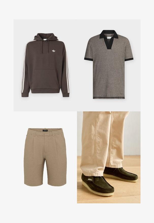 Bruine hoodie met wit Adidas-logo op de borst, witte drie strepen langs de mouwen, kangaroezak aan de voorkant en capuchon met trekkoord.; Polohemd in grijs gestructureerde stof met een zwarte kraag en mouwboorden. Heeft een V-halsontwerp, korte mouwen en een rechte zoom.; Beige shorts van gestructureerde stof met een gekreukt oppervlak, een elastische tailleband en twee plooien aan de voorkant.; Groene suède moccasinschoenen met een vetersluiting en een crèmekleurige, gestructureerde rubberen zool, gedragen met lichtbeige broeken.