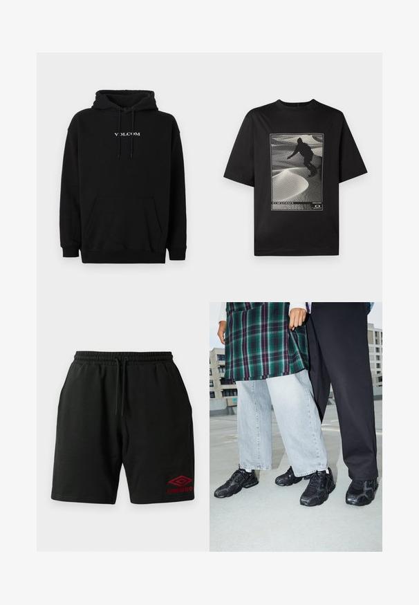 Sudadera negra con capucha hecha de mezcla de algodón, que presenta un bolsillo frontal tipo canguro y el logo blanco de "Volcom" bordado en el pecho.; Camiseta negra de manga corta con un estampado gráfico que representa una figura en silueta sobre una superficie blanca texturizada con patrones lineales.; Shorts negros con cordón y bolsillos laterales, con el logo de Umbro bordado en rojo en la parte inferior de la pierna izquierda.; Zapatillas deportivas negras con acentos de malla y goma. Combinadas con jeans de pierna ancha de color gris claro y una blusa de cuadros verdes. Fondo de superficie plana.