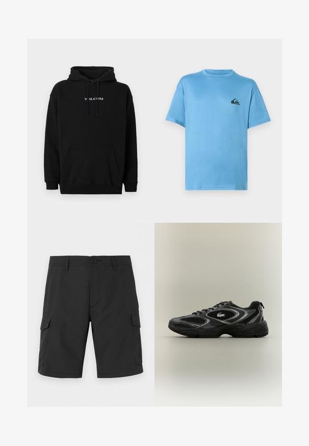 Sweat à capuche noir en mélange de coton, doté d'une poche kangourou à l'avant et du logo "Volcom" blanc brodé sur la poitrine.; T-shirt bleu clair à manches courtes avec col rond, petit logo noir de vague et montagne sur le côté gauche de la poitrine.; Short cargo noir longueur genou avec passants de ceinture, fermeture à boutons, poches avant et poches à rabat des deux côtés.; Baskets de sport noires et grises avec des panneaux en mesh, un design à lacets, une semelle épaisse et un petit logo de crocodile sur le côté.