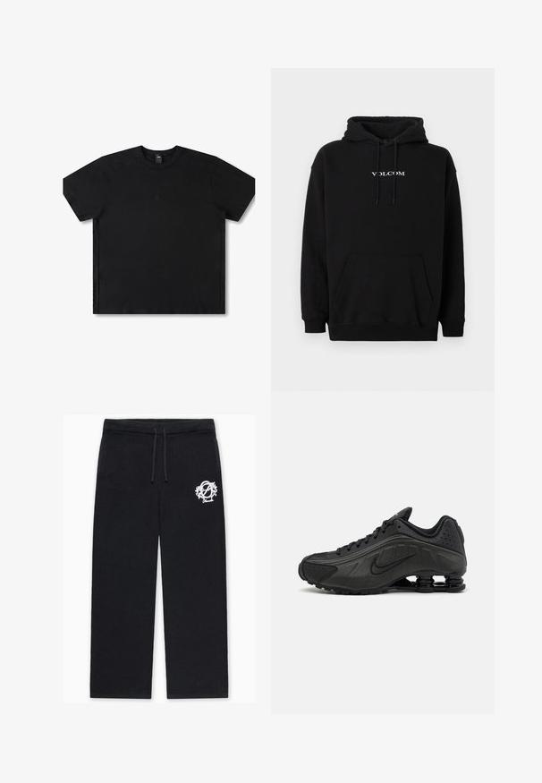 Čierna mikina s kapucňou vyrobená z bavlneného zmesi, s predným klokanským vreckom a bielym vyšitým logom "Volcom" na hrudi.; Čierne tričko s krátkym rukávom vyrobené z bavlny s okrúhlym výstrihom, s jemným logom na strede a vo voľnom strihu.; Čierne pletené nohavice s voľným strihom, s pásom na stiahnuť a vyšívaným bielym logom na ľavom stehne.; Čierne bežecké topánky s hladkým syntetickým zvrškom, perforovanými akcentmi, textúrovanými bočnými panelmi a výraznou pružnou podrážkou.