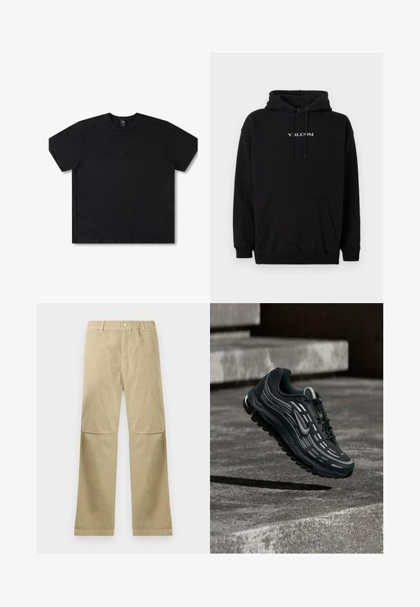 Sort hættetrøje lavet af bomuldsblanding, med en forreste kængurulomme og hvidt "Volcom"-logo broderet på brystet.; Sort kortærmet t-shirt lavet af bomuld med rund hals, med et diskret logo i midten og en afslappet pasform.; Beige lige bukser med trykknaplukning, bæltestropper og syninger ved knæene, liggende fladt på en hvid baggrund.; Sort og grå Nike Air Max sneaker, der flyder over grå betontrin med tekstureret jordbaggrund.