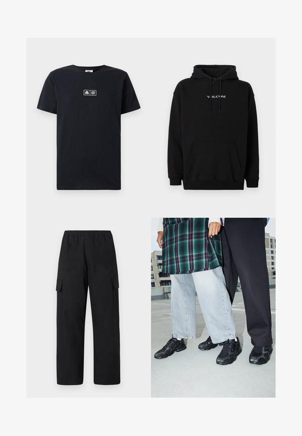 Sweat à capuche noir en mélange de coton, doté d'une poche kangourou à l'avant et du logo "Volcom" blanc brodé sur la poitrine.; T-shirt en coton noir à manches courtes et col rond. Présente un patch logo à l'avant avec du texte. Design simple et dépouillé.; Pantalon cargo noir avec une ceinture élastique, doté de deux poches cargo latérales et d'une coupe ample à jambes droites. Confectionné en matériau léger.; Baskets de sport noires avec des accents en mesh et en caoutchouc. Portées avec un jean large gris clair et un haut à carreaux vert. Fond à surface plane.