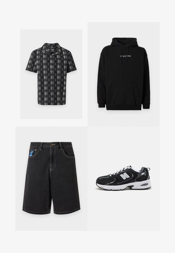 Sweat à capuche noir en mélange de coton, doté d'une poche kangourou à l'avant et du logo "Volcom" blanc brodé sur la poitrine.; Chemise noire à manches courtes avec boutons, motif grille à rayures blanches verticales et horizontales, avec col.; Short en denim noir avec coutures blanches, bouton à l'avant, passants pour ceinture, deux poches latérales et un logo bleu sur la petite poche avant droite.; Baskets de sport noires et grises avec un tige en mesh et en suède, présentant une semelle intermédiaire blanche, des lacets et un logo "N" audacieux sur le côté.