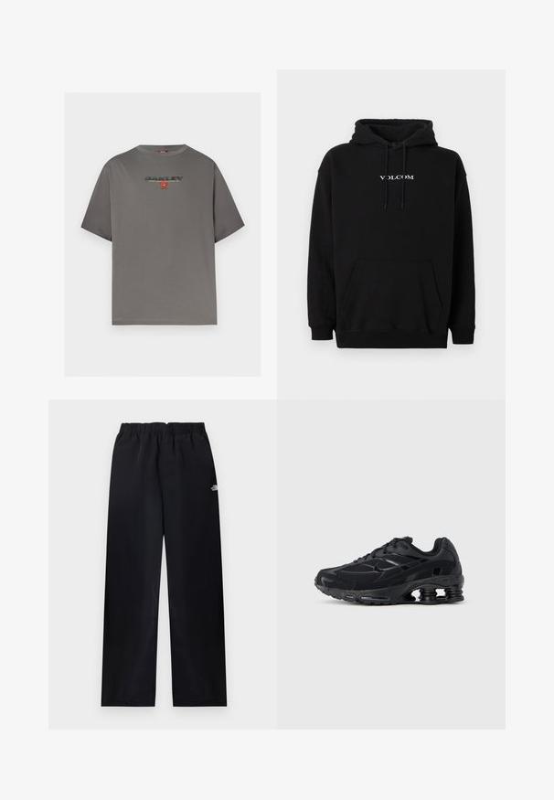 Sweat à capuche noir en mélange de coton, doté d'une poche kangourou à l'avant et du logo "Volcom" blanc brodé sur la poitrine.; T-shirt gris à manches courtes avec le logo "OAKLEY" et un petit graphisme rouge centré sur la poitrine, présenté sur un fond blanc uni.; Pantalon droit à taille élastique noire avec petit logo blanc sur la partie supérieure de la cuisse droite, présenté à plat sur un fond clair.; Chaussure de sport noire avec une tige en mesh, un col rembourré et une technologie d'amorti proéminente au talon. Caractérisée par des accents texturés et des lacets.