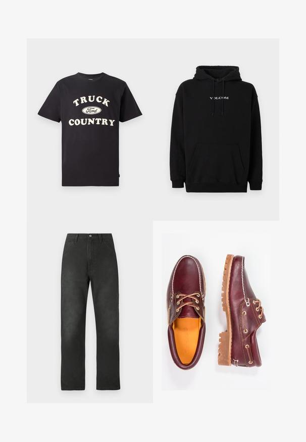 Zwarte capuchontrui van een katoenmengsel, met een voorzak in kangarustijl en een wit "Volcom"-logo geborduurd op de borst.; Zwarte katoenen T-shirt met korte mouwen, voorzien van "TRUCK COUNTRY" in crème tekst en een Ford-logo in het midden voorop.; Zwarte katoenen canvasbroek met een rechte pijp, voorzakken en een knoopsluiting. Kenmerkt zich door subtiele textuur en stiksel details.; Bordeaux leren schoenen met bruine rubberen zolen, ronde neus, witte stiksels en gouden veterogen. Het interieur heeft een gele voering.