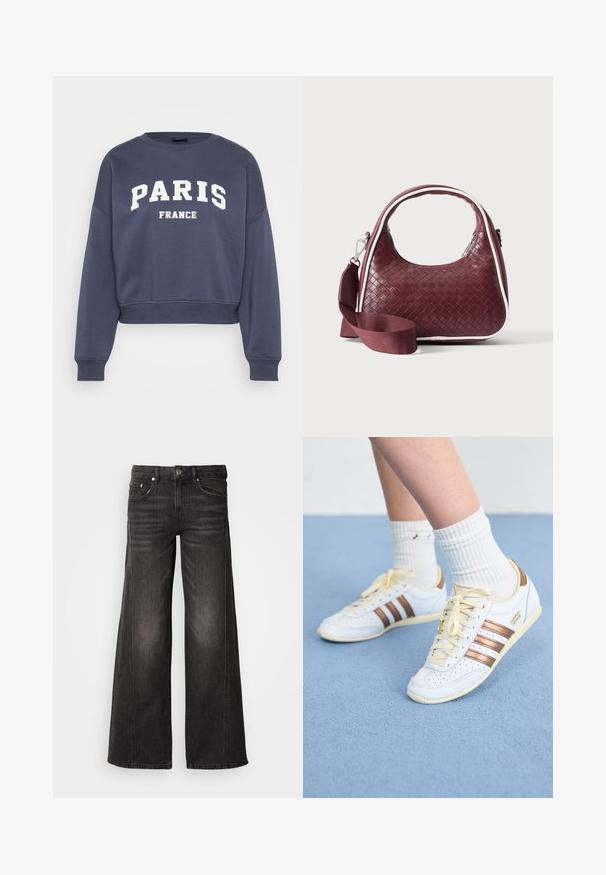Marineblå cropped sweatshirt lavet af bomuld med fed hvid tekst, der lyder "PARIS" og "FRANCE", med en afslappet pasform og ribstrikkede ærmegab.; Sorte vidde-ben denimjeans med falmede detaljer, fem-lomme design, knap- og lynlåslukning.; Hvide sneakers med bronze striber, tekstureret læder, gule snørebånd og perforerede detaljer. Båret med hvide ribbede sokker på en blød blå overflade.; Mørkerød vævet lædertaske med buet hank, hvid kant, sølv lynlås og aftagelig bred stofskulderrem mod en ensfarvet baggrund.