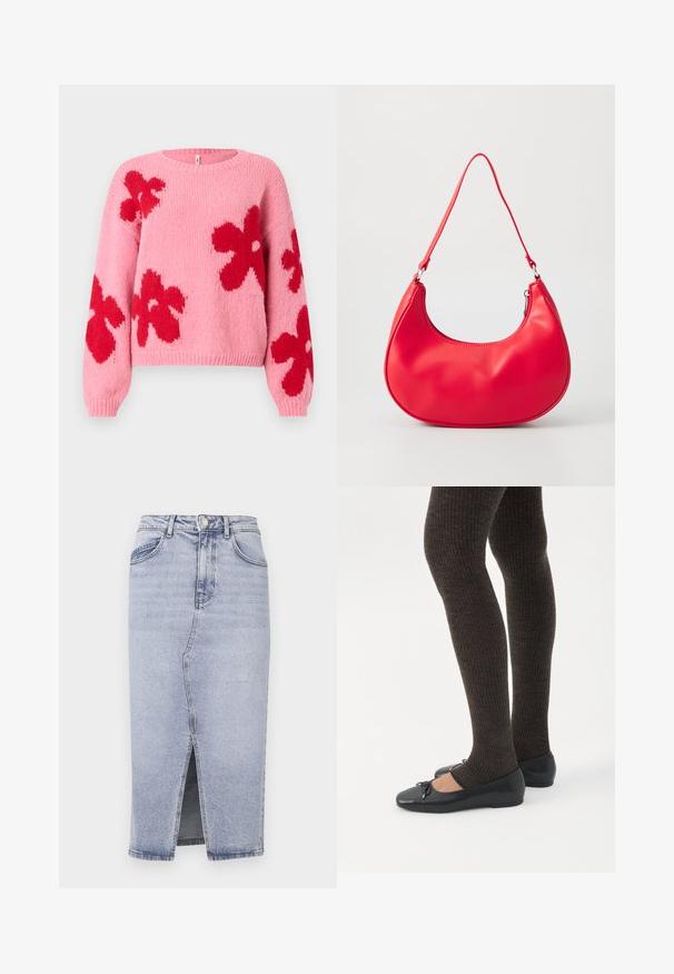 Lyserød striktrøje med store røde blomster mønstre på fronten og ærmerne, med rund halsudskæring samt ribbede manchetter og kant.; Lyseblå denimnederdel med høj talje, lige snit, forslidser og to baglommer. Har en knaplukning og diskrete syningsdetaljer.; Ben iført mørke ribbede leggings kombineret med sorte balletsko med små sløjfedetaljer på hvid baggrund.; Rød syntetisk læder skuldertaske med en buet form, slank rem og lynlås lukning. Glat tekstur med synlige syninger.