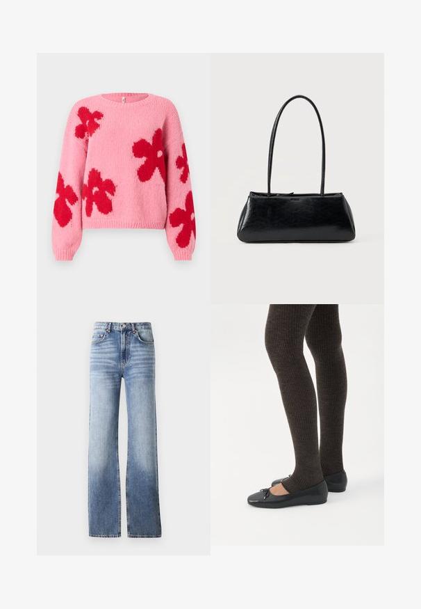 Lyserød striktrøje med store røde blomster mønstre på fronten og ærmerne, med rund halsudskæring samt ribbede manchetter og kant.; Lysblå denimjeans med høj talje, bred bukseben og subtilt slid. Har knaplukning og fem-lomme design.; Ben iført mørke ribbede leggings kombineret med sorte balletsko med små sløjfedetaljer på hvid baggrund.; Sort rektangulær skuldertaske med lange tynde stropper og en glat, blank tekstur på en ensfarvet baggrund.