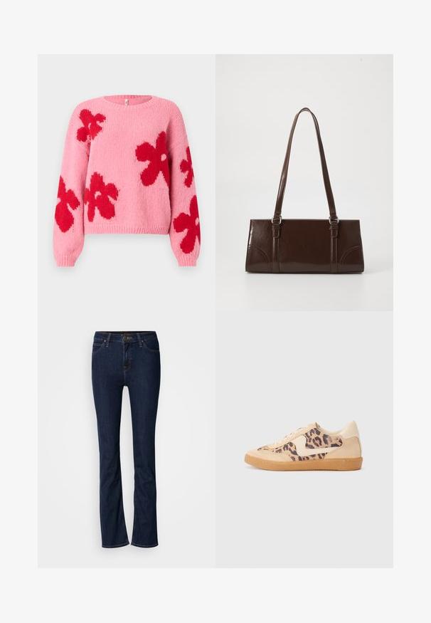 Lyserød striktrøje med store røde blomster mønstre på fronten og ærmerne, med rund halsudskæring samt ribbede manchetter og kant.; Mørkeblå denim jeans med lige ben-design, fem-lomme stil og lys syning. Linningen har en metal-knap lukning.; Leopardprint sneakers med beige ruskindsoverdel, tan gummisål og hvide detaljer. Rund pegefinger og snørebåndsdesign med en tekstureret finish.; Brun lakeret håndtaske med rektangulær form, to lange håndtag og subtile buede detaljer på fronten.
