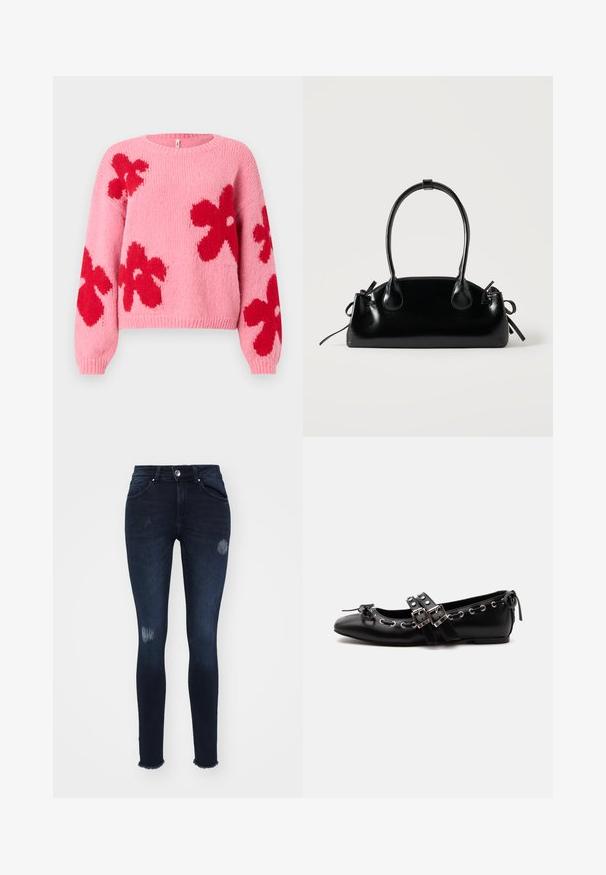 Lyserød striktrøje med store røde blomster mønstre på fronten og ærmerne, med rund halsudskæring samt ribbede manchetter og kant.; Mørkeblå skinny jeans lavet af denim, med slidte knædetaljer, en skræddersyet kant, fem lommer og knaplukning.; Sort flad balletsko med dobbelt spænde, sølvøjer og en lille sløjfe nær den runde tå på en hvid baggrund.; Lille sort blank håndtaske med to lange håndtag og snøre-detaljer i siden på en ensfarvet lys baggrund.