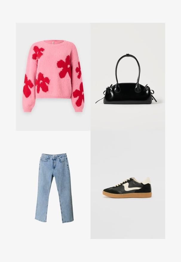 Lyserød striktrøje med store røde blomster mønstre på fronten og ærmerne, med rund halsudskæring samt ribbede manchetter og kant.; Lyseblå denim jeans med lige ben design, fem-lomme stil og en taljebranding. Har lysnede områder for tekstur.; Sorte ruskinds- og lædersneakers med en cremefarvet side-swoosh og lys cremefarvet hæl. Har beige snørebånd og en gummirubber-sål.; Lille sort blank håndtaske med to lange håndtag og snøre-detaljer i siden på en ensfarvet lys baggrund.