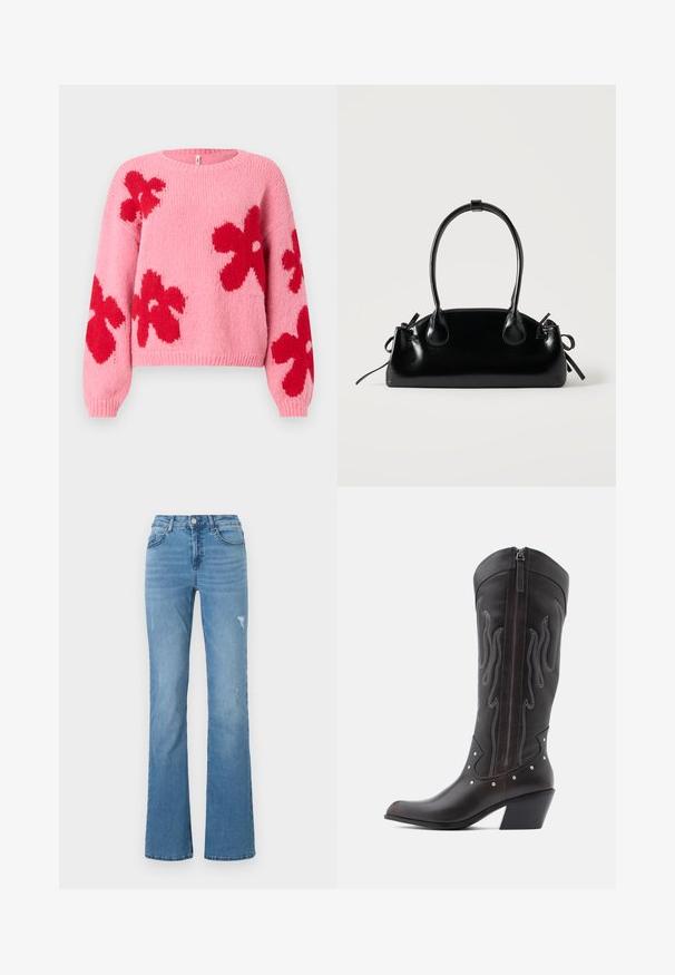 Lyserød striktrøje med store røde blomster mønstre på fronten og ærmerne, med rund halsudskæring samt ribbede manchetter og kant.; Lyseblå, flagrende jeans lavet af denim, med høj talje, fem lommer og diskrete slidte detaljer på benene.; Brune læder cowboystøvler med flammebroderi, sidelukning med lynlås, sølvnitter, spids snude og lagdelt hæl.; Lille sort blank håndtaske med to lange håndtag og snøre-detaljer i siden på en ensfarvet lys baggrund.