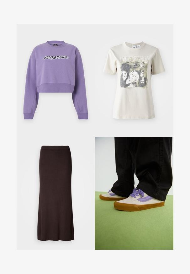 Lilasvärinen lyhyt collegepaita, jossa on pitkät hihat ja mustavalkoinen tyylitelty teksti keskellä rintaa.; Beige puuvillapaita, jossa on pyöreä kaula-aukko. Siinä on graafinen printti, jossa on hahmoja ja teksti "Buffy", mustina ja harmaina sävyinä.; Tummanruskea, ribatulla neuleella valmistettu, nilkkapituisen suoran hameen, jossa on korkea vyötärö, esitelty valkoista taustaa vasten.; Vaaleanbeige-tennarit, joissa on violetteja yksityiskohtia, kumiset pohjat ja litteät nauhat. Yhdistetty mustiin housuihin, esillä vihreällä tekstuuripinnalla.