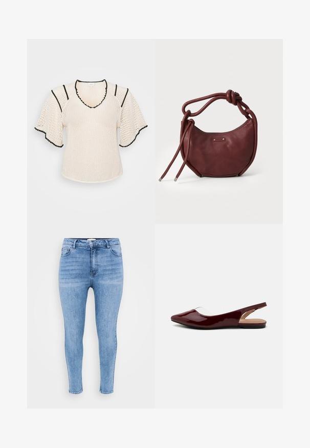 Letvægts cremefarvet mesh top med V-hals, sort kant og korte, udvidede ærmer. Har et struktureret mønster og bølgede kanter.; Lysblå skinny jeans lavet af denim, med høj talje, fem-lomme design og let falmning langs lårene.; Burgunderfarvede patent slingback flade sko med spids tå, gennemsigtig udskæring og en flad sort sål. Glat tekstur, minimalistisk design.; Bordeaux læder håndtaske med en rund form, knyttet håndtag og to lange stropper. Tekstureret overflade med lynlåslukning og logo detalje.