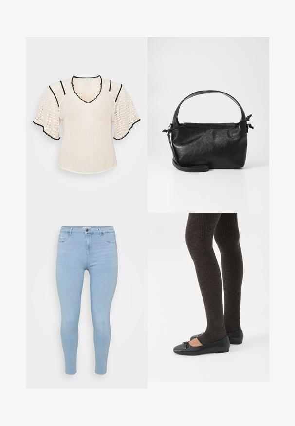 Letvægts cremefarvet mesh top med V-hals, sort kant og korte, udvidede ærmer. Har et struktureret mønster og bølgede kanter.; Lysblå skinny jeans lavet af denim, med knaplukning, fem lommer og en glat, let falmet tekstur.; Ben iført mørke ribbede leggings kombineret med sorte balletsko med små sløjfedetaljer på hvid baggrund.; Sort læderhåndtaske med et struktureret design, rund tophåndtag og aftagelig skulderrem. Den har en glat tekstur og en subtil glans.