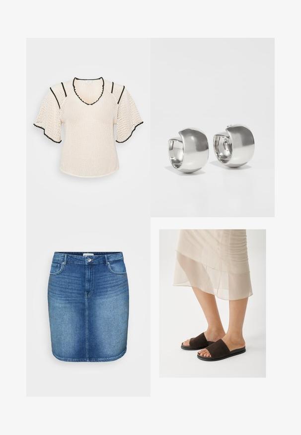 Letvægts cremefarvet mesh top med V-hals, sort kant og korte, udvidede ærmer. Har et struktureret mønster og bølgede kanter.; Denim nederdel i mellemblå vask med en tætsiddende design, lige snit, fem-lomme stil og en talje med knaplukning foran.; Brune ruskinds-slip-in sandaler med bred rem, sort gummisål og åben tådesign, placeret mod en lysefarvet baggrund.; Uncommon Matters SCULPTURAL LARGE CREOLE - Øreringe - silver-coloured