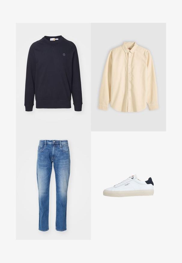 Dunkelblaues Sweatshirt aus weichem Baumwollmix, mit Rundhalsausschnitt, Raglanärmeln und einem kleinen Logodetail auf der Brust.; Langärmliges, beige Hemd mit Knöpfen und Kragen, flach liegend dargestellt, mit geschlossenen Knöpfen und Manschetten auf hellem Hintergrund.; Hellblaue Jeans aus Denim mit geradem Bein, fünf Taschen, dezentem Verblassen und einem normalen Bund mit Knopfverschluss.; Weißer Sneaker in niedriger Schnittform mit beiger Sohle, weißen Schnürsenkeln, schwarzem Fersenlasche und dem "Pepe Jeans London"-Logo an der Seite.