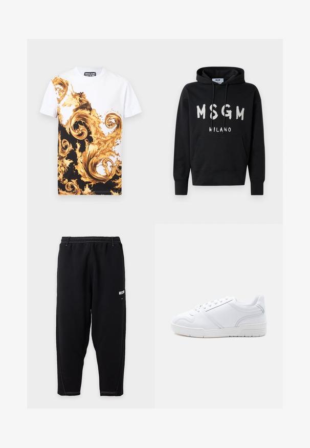 Μαύρη φόρμα με κουκούλα και λευκό λογότυπο MSGM Milano μπροστά, διαθέτοντας μπροστινή τσέπη και κορδόνι στην κουκούλα.; Λευκό κοντομάνικο μπλουζάκι με τολμηρά χρυσά και μαύρα μπαρόκ στροβιλογράμματα στο μπροστινό μέρος και ετικέτα "Versace Jeans Couture" στη λαιμόκοψη.; Μαύρη στενή φόρμα με ελαστική μέση, λευκή αντίθετη ραφή και μικρό λευκό λογότυπο "Moschino" στον πάνω μηρό.; Λευκό sneaker χαμηλής κοπής με σχέδιο κορδονιών, λείο συνθετικό επάνω μέρος και μοτίβο από καουτσούκ στη σόλα, σε απλό φωτεινό φόντο.