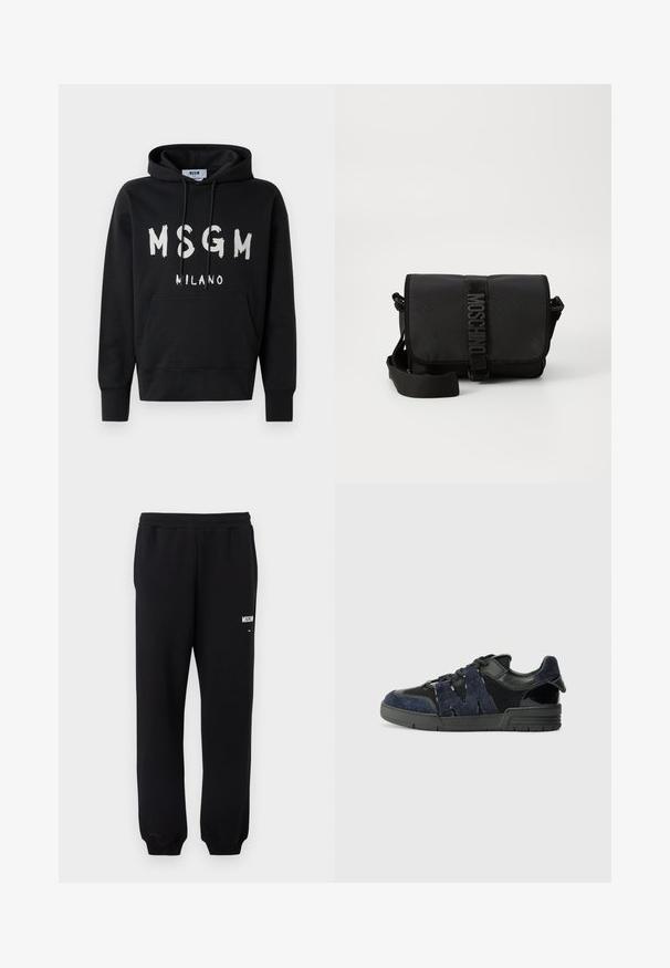 Mustame särgiga must kapuutsiga, millel ees valge MSGM Milano logo, esiküljel on tasku ja reguleeritav kapuuts.; Mustad dressipüksid elastse värvliga ja mansettidega, millel on vasaku reie ülemisel osal väike valge "Moschino" logo.; Mustad ja tumesinised tossud on valmistatud nubukist ja võrkmaterjalist, paksu tallaga ning silmapaistva lõikega "M" detailiga küljel.; Must mustruum kotkas mustast nailonist, millel on klapp, esitleb silmapaistvat logo rihma sulgemist, reguleeritavat rihma ja külgõmbluste üksikasju.