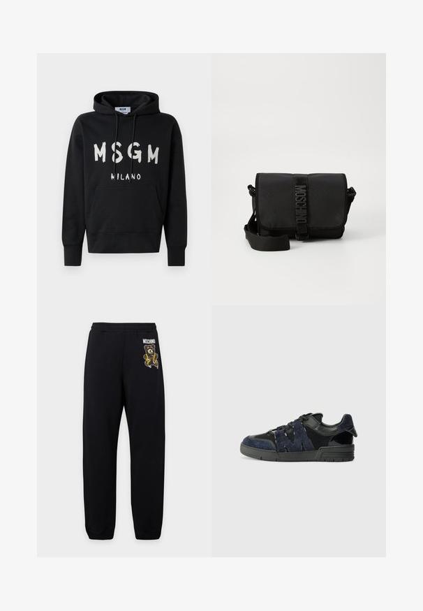 Čierna mikina s kapucňou a bielym logom MSGM Milano na prednej strane, s prednou vreckom a sťahovacou kapucňou.; Čierne tepláky s elastickým pásom, s malým medvedíkom a logom "Moschino" na ľavom stehne.; Čierne a námornícke tenisky sú vyrobené z semišových a sieťovinových materiálov, majú hrubú podrážku a výrazný výrez v tvare "M" na boku.; Čierna nylonová crossbody taška s chlopňou, ktorá má výrazné uzatváranie na popruh s logom, nastaviteľný popruh a detaily bočného šitia.