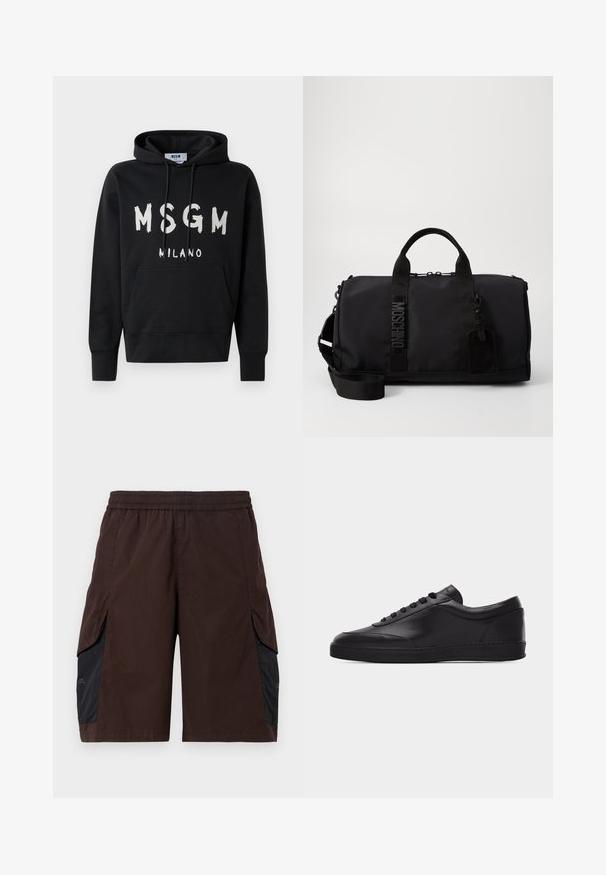 Hoodie noir avec logo MSGM Milano blanc à l'avant, doté d'une poche frontale et d'une capuche avec cordon de serrage.; Shorts marron avec une ceinture élastique, dotés de panneaux latéraux noirs et de poches passepoilées. Le matériau semble léger avec une texture lisse.; Baskets basses en cuir noir avec lacets sur le devant et semelle en caoutchouc plate, vues de côté sur un fond blanc uni.; Sac de sport noir en nylon avec double poignées, une bandoulière amovible, un logo en relief et une étiquette de bagages. Texture lisse.