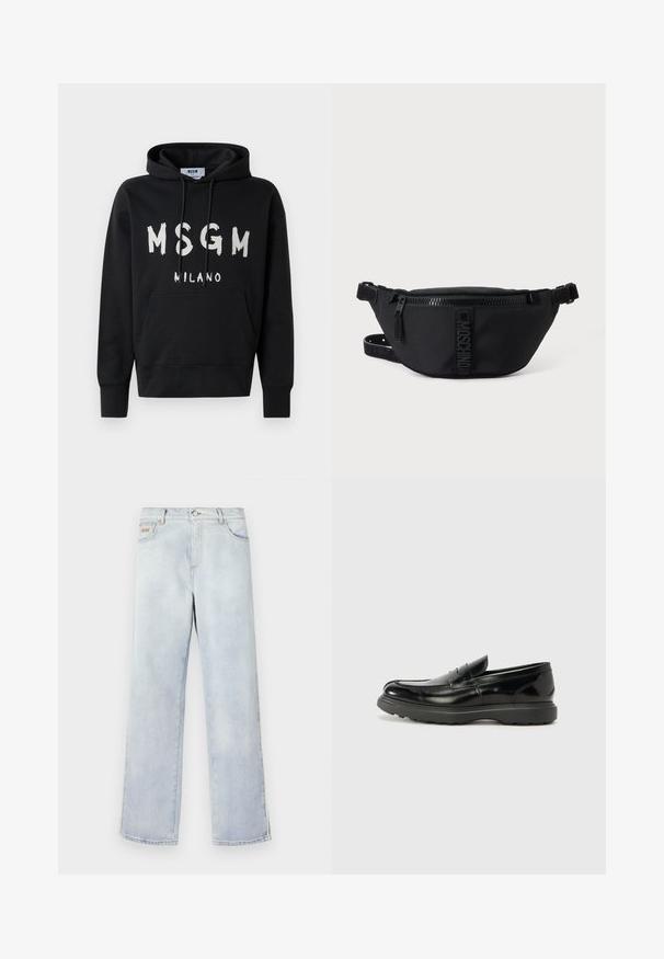 Schwarzer Hoodie mit weißem MSGM Milano Logo auf der Vorderseite, ausgestattet mit einer Fronttasche und einer Kapuze mit Kordelzug.; Hellblaue Jeans aus Denim mit geradem Bein, ausgestattet mit einem Knopfverschluss, fünf Taschen und Kontrastnähten.; Schwarze Lederloafer mit glanzendem Finish, abgerundetem Zehenbereich, subtilen Steppnähten und einer dicken Gummisohle für Langlebigkeit.; Schwarze Moschino Bauchtasche mit Frontreißverschluss und verstellbarem Riemen auf einfachem hellem Hintergrund.