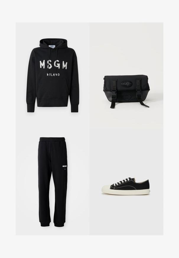 Čierna mikina s kapucňou a bielym logom MSGM Milano na prednej strane, s prednou vreckom a sťahovacou kapucňou.; Čierne tepláky s relaxed fit strihom, vyrobené z mäkkého materiálu. Majú elastický pás a biele logo "Moschino" na ľavom stehne.; Čierne plátenné tenisky s bielym šitím, zaobleným gumovým špičkou a bielymi šnúrkami. Majú textilný vrch a béžovú podrážku.; Čierna kabelka Moschino crossbody s prednou klopou, dvoma remienkami so sponami a nášivkou s logom na jednoduchom svetlom pozadí.