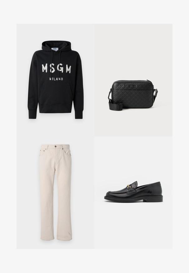 Sort hættetrøje med hvid MSGM Milano-logo på fronten, med en frontlomme og snøre i hætten.; Beige denim jeans med lige skæring, der har fem lommer, en knaplukning og diskrete syningss detaljer ved sømmene.; Sorte læder loafers med en rund tå, der har guld hardware accent og syningsdetaljer, placeret på en lav, tekstureret gummisål.; Sort tekstureret crossover-taske med prægede geometriske mønstre og justerbar rem med brandlogo.