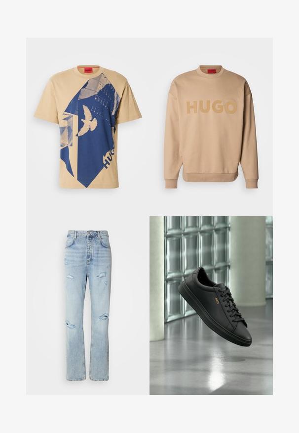 Sudadera beige con escote redondo, puños y dobladillo acanalados. Presenta un gran logotipo "HUGO" en tono mate en la parte frontal.; Camiseta de algodón beige con un patrón geométrico azul y un diseño de ave. Etiqueta roja con "HUGO" en el cuello. Mangas cortas, cuello redondo.; Jeans de mezclilla de lavado claro con un corte relajado, que presentan áreas desgastadas y bordes deshilachados. La tela tiene una textura suave y lisa.; Zapatilla baja de piel negra con cordones negros y logo dorado BOSS en el lateral, flotando sobre un suelo gris brillante en un espacio interior moderno.