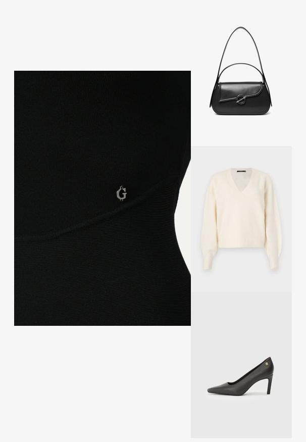 Vero Moda Knitted VMBOOM Knitted - Džemper - birch melange; Mustvalge sportlik särk ribakujundusega, millel on külgedel diskreetne hõbedane logo ja voolav, figuuri rõhutav lõige.; Musta patendi nahast kõrge kontsaga king, mille terav nina ja väikene kullast logo aktsent kontsas. Sujuv tekstuur, voolujooneline disain.; Must nahast õlakott kõverda kaanega, mida hoiab kinni ümmargune metallist klamber ja millel on õhuke, reguleeritav rihm.