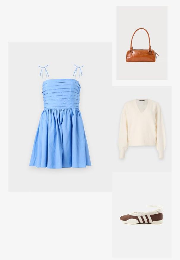 Vero Moda Knitted VMBOOM Knitted - Neule - birch melange; Vaaleansininen mekko, jossa on ohuet, säädettävät olkaimet. Mekossa on pleatattu yläosa ja kerroksellinen helma, valmistettu sileästä ja pehmeästä kankaasta.; Ruskea ja valkoinen balettikenkiä, joissa on kolme valkoista raitaa ja nilkkasolmulla varustettu nauha, yksinkertaisella vaalealla taustalla.; Ruskea nahkainen olkalaukku, jossa on tyylikäs suorakaiteen muotoinen muotoilu, kaksinkertaiset kahvat ja ylhäältä sulkeutuva vetoketju. Sisältää hienovaraiset ompeleet ja logotiedot.