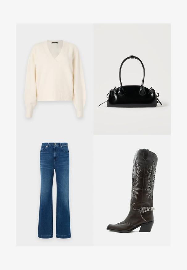 Vero Moda Knitted VMBOOM Knitted - Svetrík - birch melange; Modré denimové nohavice s širokými nohavicami a vysokým pásom, piatimi vreckami a klasickým zapínaním na gombíky. Tkanina má mäkkú, mierne vyblednutú štruktúru.; Čierna kožená kovbojská čižma s dekoratívnymi výrezmi, striebornou prackou a šikmým podpätkom, zobrazovaná na bielom pozadí.; Malá čierna lesklá kabelka s dvoma dlhými rúčkami a bočnými šnúrkovými detailmi na jednoduchom svetlom pozadí.
