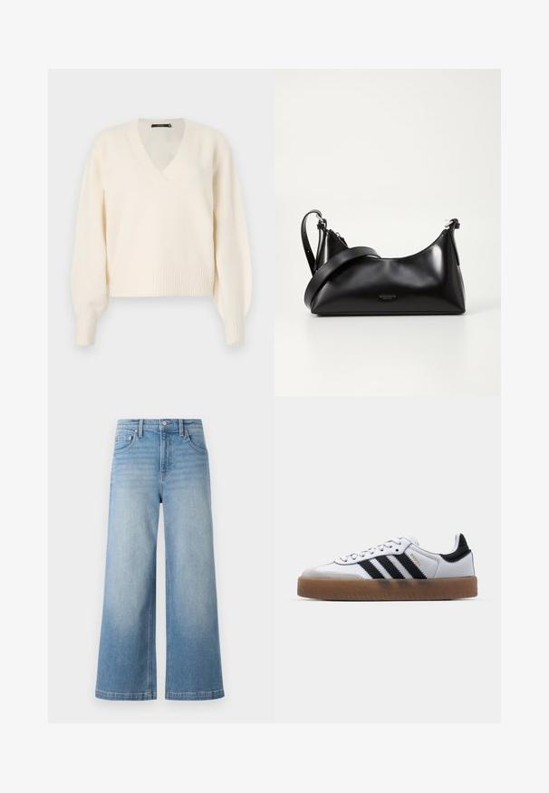 Vero Moda Knitted VMBOOM Knitted - Striktrøje - birch melange; Lyseblå denim bredbenede jeans med høj talje, fem-lomme design, synlig syning og knappelukning foran.; Hvide lædersneakers med sorte striber, gummirubber sål, rund tå, snørelukning og blød grå ruskinds tåhætte.; Sort læderhåndtaske med en glat tekstur. Har en justerbar stropp og et enkelt, minimalistisk design med lynlås.