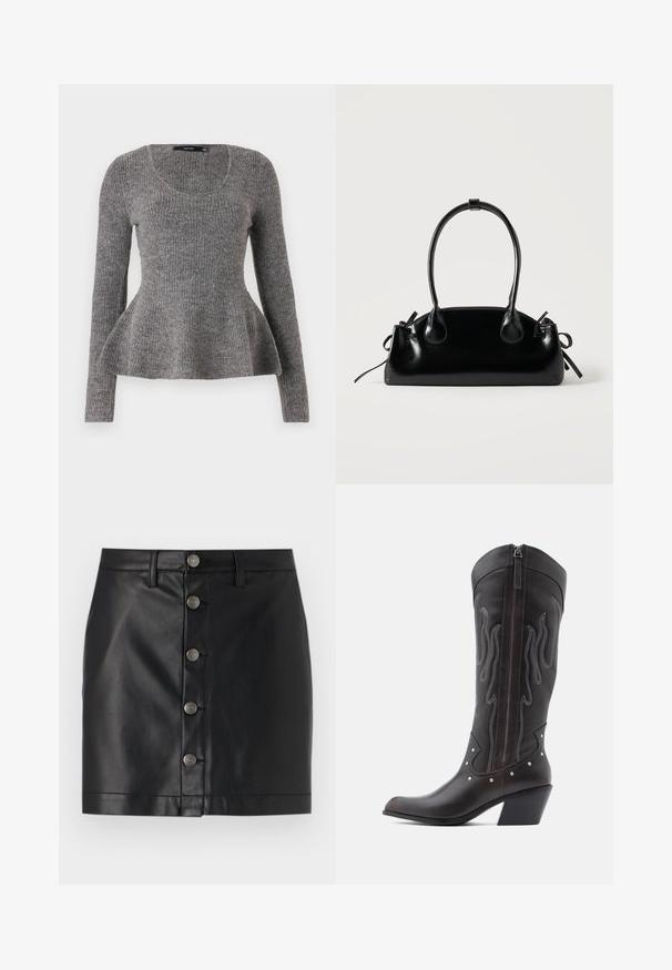 Grå ribbet sweater, lange ærmer, scoop-udskæring, flared kantdetalje ved taljen, medium-vægt strikket tekstur, blødt materiale.; Sort læderskirt med tætsiddende design, der har fem sølvfarvede metalknapper ned foran og en lige kant. Glat tekstur.; Brune læder cowboystøvler med flammebroderi, sidelukning med lynlås, sølvnitter, spids snude og lagdelt hæl.; Lille sort blank håndtaske med to lange håndtag og snøre-detaljer i siden på en ensfarvet lys baggrund.