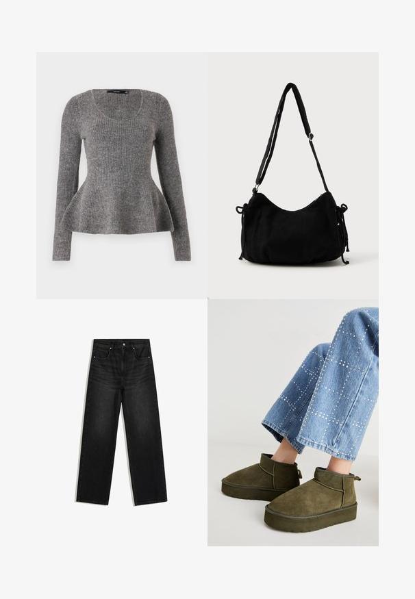 Grå ribbet sweater, lange ærmer, scoop-udskæring, flared kantdetalje ved taljen, medium-vægt strikket tekstur, blødt materiale.; Sorte denimjeans med lige ben, forlommer, bæltestropper og knaplukning, vist på hvid baggrund.; Oliven grøn ruskinds ankelstøvler med en tyk, struktureret sål og en pull tab. Kombineret med lyseblå, udsmykkede denim jeans.; Sort kordfløjls skuldertaske med en buet form, justerbar strop og snorelukninger på begge sider til størrelsejustering.