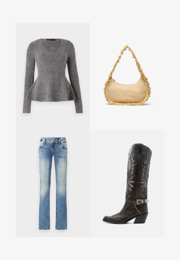 Grau gestreifter Pullover, lange Ärmel, runder Ausschnitt, ausgestellter Saum an der Taille, mittelschweres Strickmaterial, weicher Stoff.; Helleblaue Denim-Jeans mit geradem Bein, ausgestattet mit einem Fünf-Knopf-Verschluss, Fronttaschen und dezenten Ausbleichungen.; Schwarzer Leder-Cowboystiefel mit dekorativen Ausschnitten, silberner Schnalle und schräger Ferse, auf weißem Hintergrund dargestellt.; Texturierte beige Tasche mit runder Form, ausgefranstem Rand entlang der Kanten und einem kurzen Tragegriff. Mit einem Reißverschluss oben.