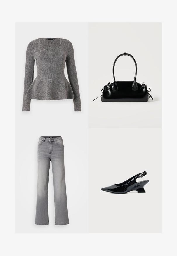 Grå ribbet sweater, lange ærmer, scoop-udskæring, flared kantdetalje ved taljen, medium-vægt strikket tekstur, blødt materiale.; Højtaljede grå denim jeans med lige ben, med frontknap og lynlås, foran og bagpå lommer, samt nedtoning på lår og lægge.; Sort laklæder slingback sko med spids tå og lav vinklet blokhæl på ensartet lys baggrund.; Lille sort blank håndtaske med to lange håndtag og snøre-detaljer i siden på en ensfarvet lys baggrund.