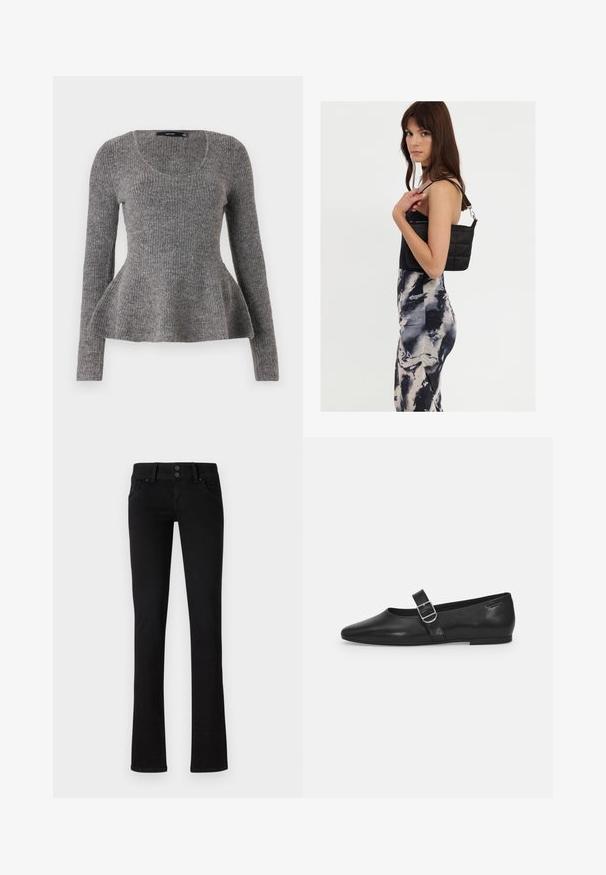 Grijze geribde trui, lange mouwen, ronde hals, uitlopende zoomdetails bij de taille, middellijkgewicht brei-textuur, zacht materiaal.; Zwarte slim-fit jeans met twee voorzakken, riemlussen en dubbele knoopsluiting, weergegeven op een effen witte achtergrond.; Zwarte leren platte schoen met een ronde neus, een enkele verstelbare gespsluiting en een gladde, glanzende textuur. Minimalistisch ontwerp met een lage hak.; Zwarte gewatteerde schoudertas met een enkele strap en zilveren hardware, gecombineerd met een fitted, tie-dye patroon jurk in tinten zwart en crème.
