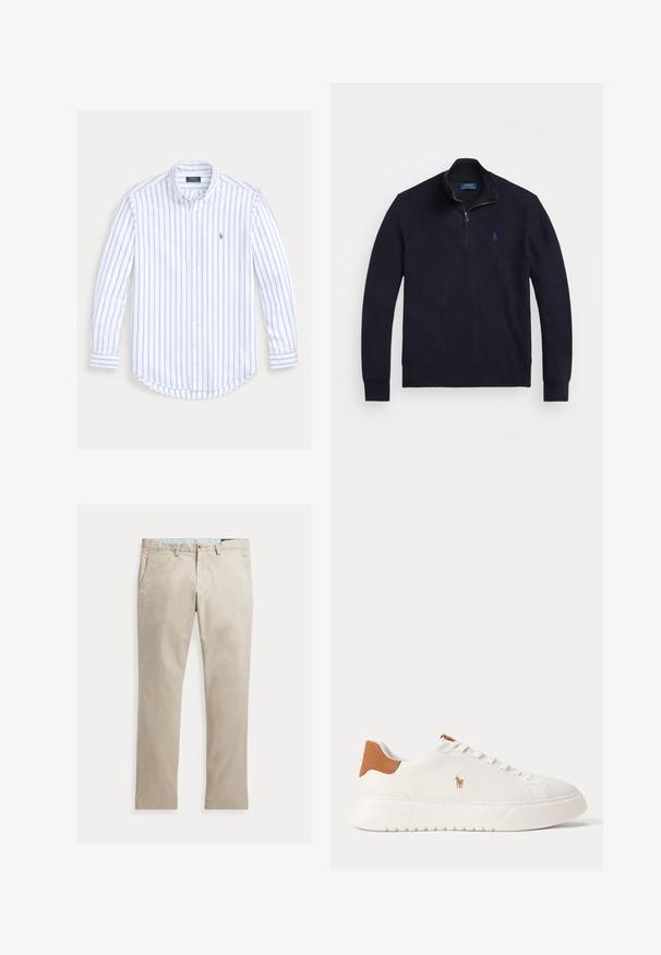 Marineblauwe kwart-rits trui met lange mouwen, geribbelde manchetten en een klein geborduurd polo speler logo op de linkerborst.; Overhemd met lange mouwen en knopen, lichtblauwe verticale strepen en een klein geborduurd logo op de linkerborst.; Beige katoenen broek met rechte pijpen, voorzakken, riemlussen, knoopsluiting en ritssluiting, plat liggend op een witte achtergrond.; Witte lage sneaker met beige hieltab, witte veters en klein geborduurd polo spelerlogo aan de zijkant boven een dikke zool.