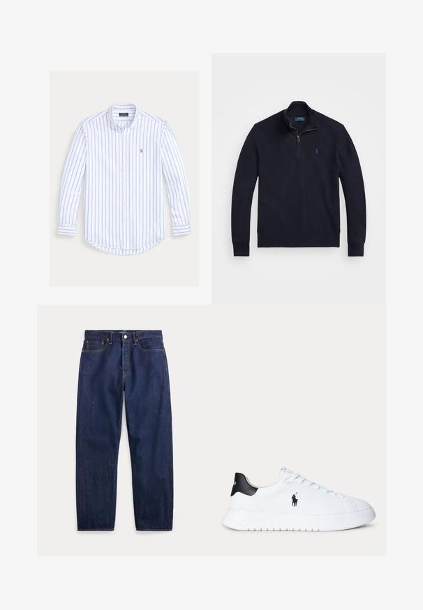 Pull-over bleu marine à zip quart avec manches longues, poignets côtelés, et un petit logo de joueur de polo brodé sur la poitrine gauche.; Chemise à manches longues boutonnée avec des rayures verticales bleu clair et un petit logo brodé sur la poitrine gauche.; Jean en denim bleu foncé avec jambes droites, cinq poches, fermeture par bouton et coutures visibles.; Baskets basses blanches avec languette noire au talon et logo Polo Ralph Lauren noir sur le côté, avec des lacets blancs et une semelle blanche épaisse.