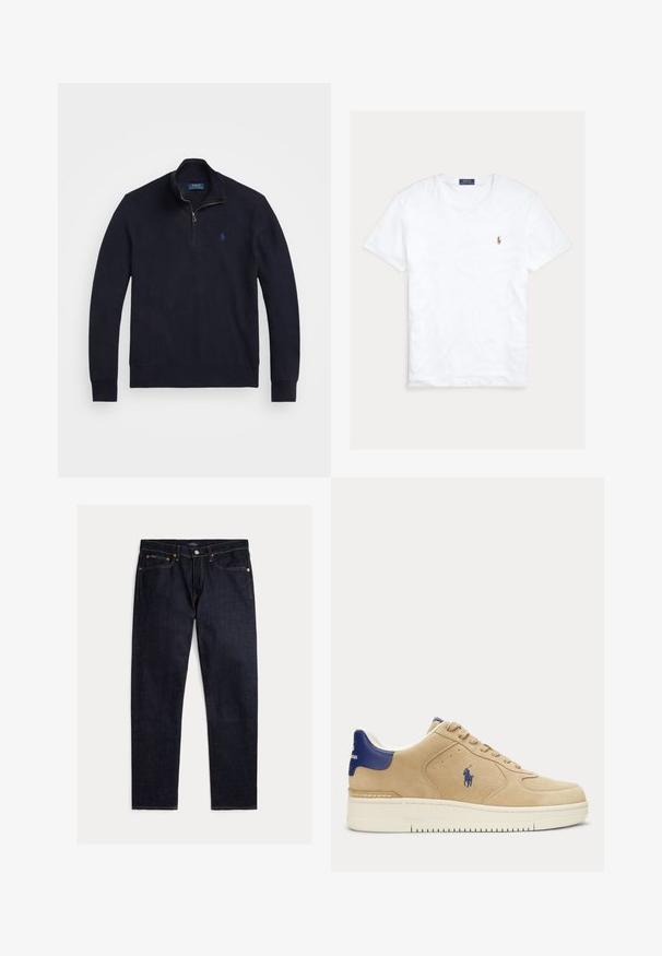Marineblå quarter-zip sweater med lange ærmer, ribbede mansjetter og et lille broderet polo-spiller logo på venstre bryst.; Hvid T-shirt med rund hals og korte ærmer med lille broderet Polo Ralph Lauren-logo på venstre bryst og blå mærkeetiket indvendigt i kraven.; Mørk indigoblå jeans med lige ben, fem lommer, knap- og lynlås lukning samt kontrastfulde orange syninger på en ensfarvet baggrund.; Beige ruskind sneaker med navy blå hælflap og logo, hvid sål, snørelukning og broderi af en polo-spiller på siden.