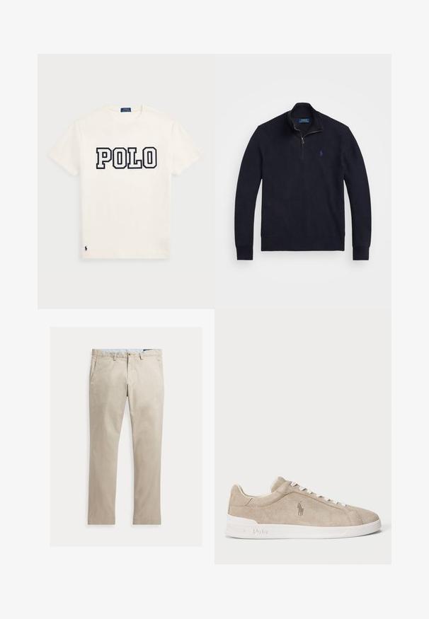 Tumed sinine neljanda osa tõmblukuga sviiter pikkaeiste varrukatega, ribatud mansettide ja väikese tikitud polo mängija logoga vasakul rinnal.; Valge puuvillane T-särk, millel on rinnal suured tumesinised tähed "POLO" ja väikene tumesinine logo äärel. Klassikaline ümar kaelus.; Beežid sirgete säärega puuvillased püksid ees taskute, vööaasade, nööbi- ja tõmblukuga, laotatud valgel taustal.; Bež nubukist sneaker valgete paeltega ja tallaga, külje peal brodeeritud Polo logo ning tallal reljeefse "Polo" kujutisega.