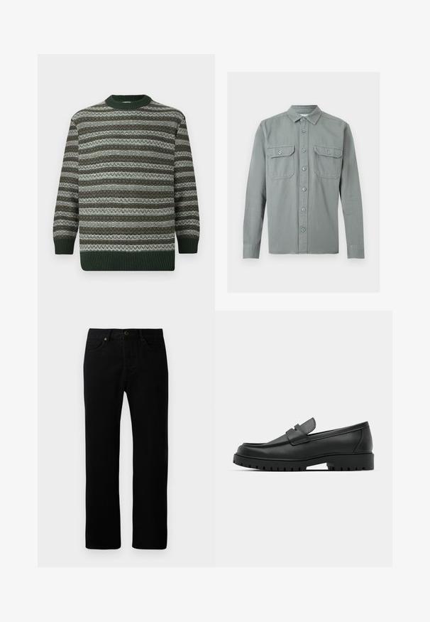 Langærmet sweater med vandrette grønne, brune og hvide mønstrede striber, ribbede manchetter, kant og rund halsudskæring.; Lysegrå langærmet skjorte med knapper, krave og to forreste lommer med klapper og knapper, vist fladt mod en hvid baggrund.; Sorte denimjeans med lige ben-design, fem-lomme stil, frontknaplukning og diskrete syninger.; Sorte læder loafers med rund tå, der har et syet design, lav platformssål og en struktureret, skridsikker gummisål.