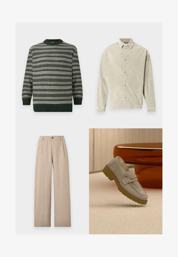 Jersey de manga larga con rayas horizontales en verde, marrón y blanco, puños acanalados, dobladillo y cuello redondo.; Camisa de tela texturizada verde claro con cuello estándar, mangas largas y cierre frontal con botones plateados.; Pantalones de pierna ancha en color beige con un acabado texturizado, que cuentan con pliegues y una cinturilla elástica, asegurada por un botón de bronce en la parte delantera.; Mocasín de ante gris claro con suela gruesa de goma marrón colocado sobre una alfombra beige frente a una mesa redonda marrón desenfocada.