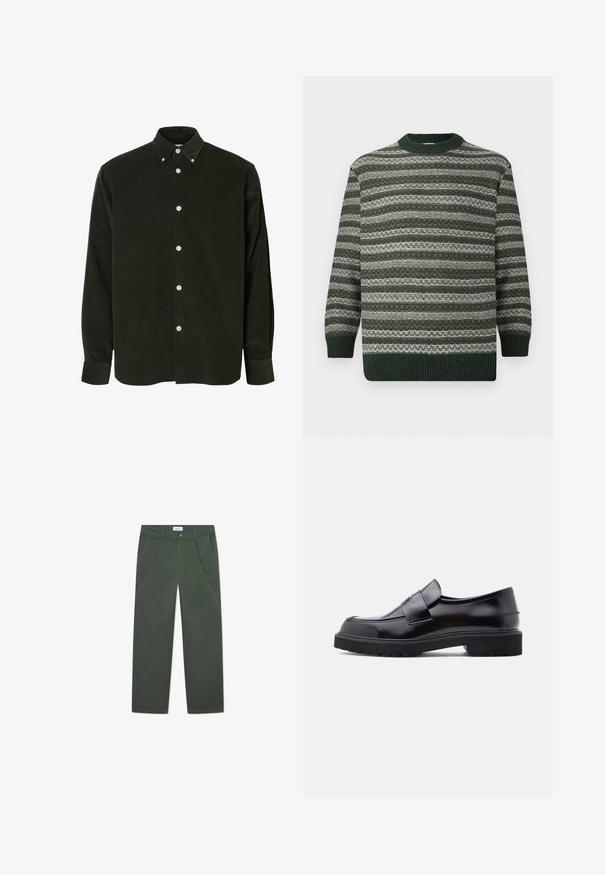 Langærmet sweater med vandrette grønne, brune og hvide mønstrede striber, ribbede manchetter, kant og rund halsudskæring.; Mørkegrøn fløjlsbluse med lange ærmer, hvide knapper og krave med knapper, vist mod en hvid baggrund.; Mørkegrønne bomuldsbukser med lige ben-design, forlommer og knaplukning i taljen. Glat tekstur, uden mønstre.; Sorte læder slip-on sko med et slankt design, rund tå og en tyk, struktureret gummisål. Har en dekorativ rem på tværs foran.