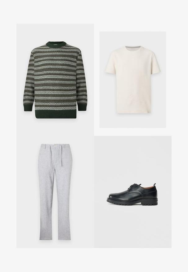 Langärmliger Pullover mit horizontalen Streifen in Grün, Braun und Weiß, mit gerippten Bündchen, Saum und Rundhalsausschnitt.; Kurzärmeliges, elfenbeinfarbenes, strukturiertes Baumwoll-T-Shirt mit Rundhalsausschnitt und dezentem Logo auf der linken Brust, auf grauem Hintergrund gezeigt.; Hellgraue Hose aus strukturiertem Stoff, mit Knopfverschluss, Gürtelschlaufen und geradem Bein-Design. Keine sichtbaren Muster.; Schwarze Leder Derby-Schuhe mit glatter Textur, runder Zehenform, Schnürdesign und einer dicken, robusten Gummisohle.