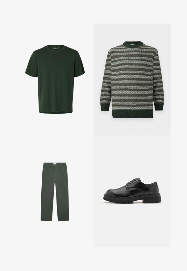Langärmliger Pullover mit horizontalen Streifen in Grün, Braun und Weiß, mit gerippten Bündchen, Saum und Rundhalsausschnitt.; Dunkelgrünes T-Shirt mit kurzen Ärmeln und Rundhalsausschnitt aus glattem Stoff mit geradem Saum.; Dunkelgrüne Baumwollhosen mit geradem Beinschnitt, Fronttaschen und einem Knopfverschluss an der Taille. Glatte Oberfläche, keine Muster.; Schwarze Lederschuhe mit runder Zehenform, Schnürdesign und einer dicken, strukturierten Gummisohle. Sie verfügen über eine Naht entlang des Randes und haben eine glatte Oberfläche.