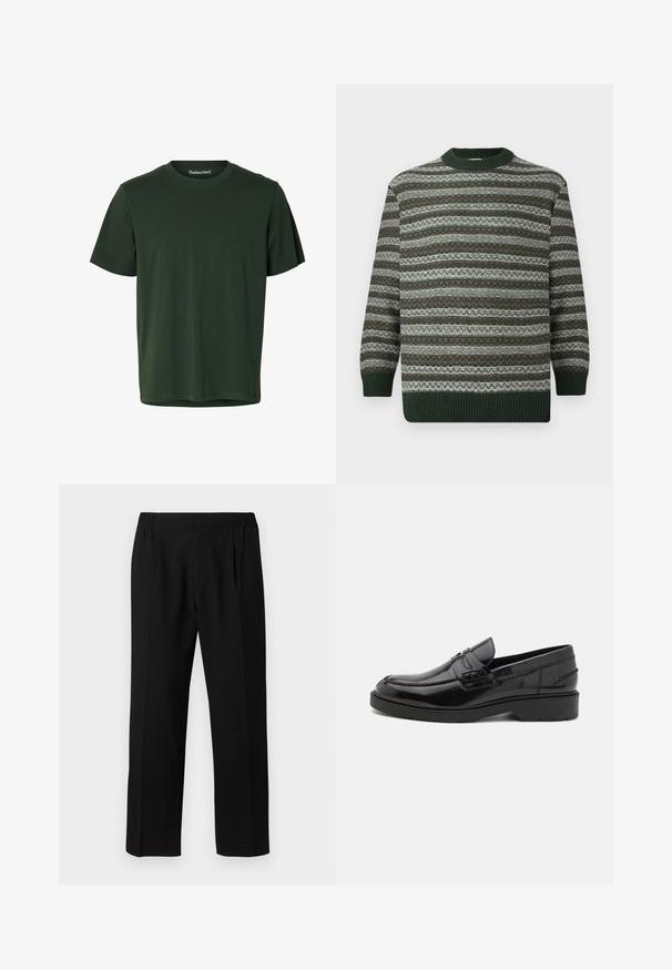 Jersey de manga larga con rayas horizontales en verde, marrón y blanco, puños acanalados, dobladillo y cuello redondo.; Camiseta verde oscuro de manga corta con cuello redondo, confeccionada en tejido liso con un dobladillo recto.; Pantalones negros hechos de una tela suave, con una cintura elástica, diseño de pierna recta y dos pliegues frontales para mayor detalle.; Mocasines de cuero negro con un acabado suave, punta redondeada, tacón bajo y costura decorativa en la parte delantera. Suela de goma para mayor agarre.